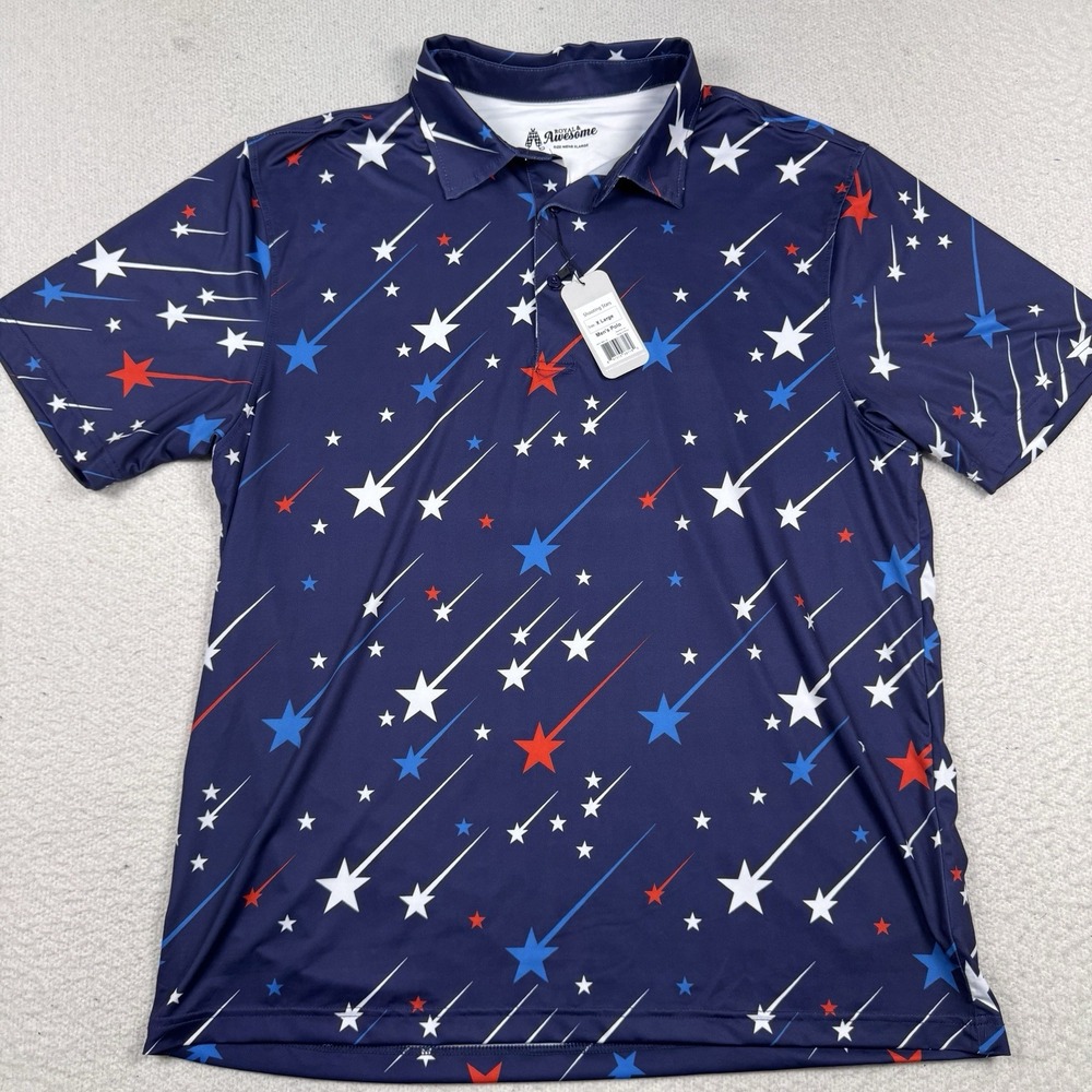 NWT Royal & Awesome Polo Shirt Mens XL Navy Stars Stripes Patriotic Golf Stretch
